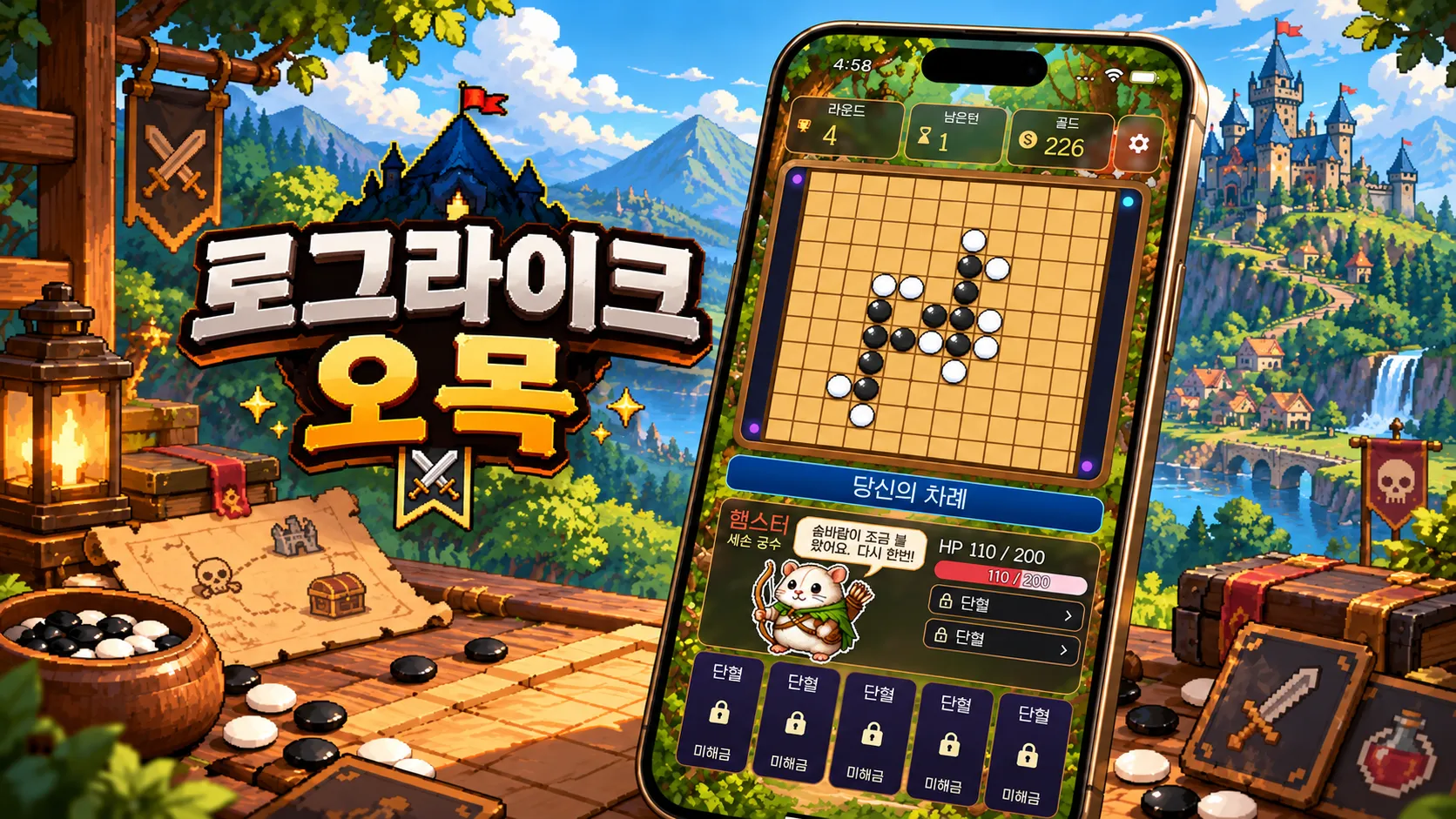큰 "로그라이크 오목" 로고 옆에 스마트폰이 놓인 대표 이미지. 성과 폭포가 있는 판타지 배경 앞에서 오목판과 캐릭터가 보이는 게임 화면을 보여 줍니다.