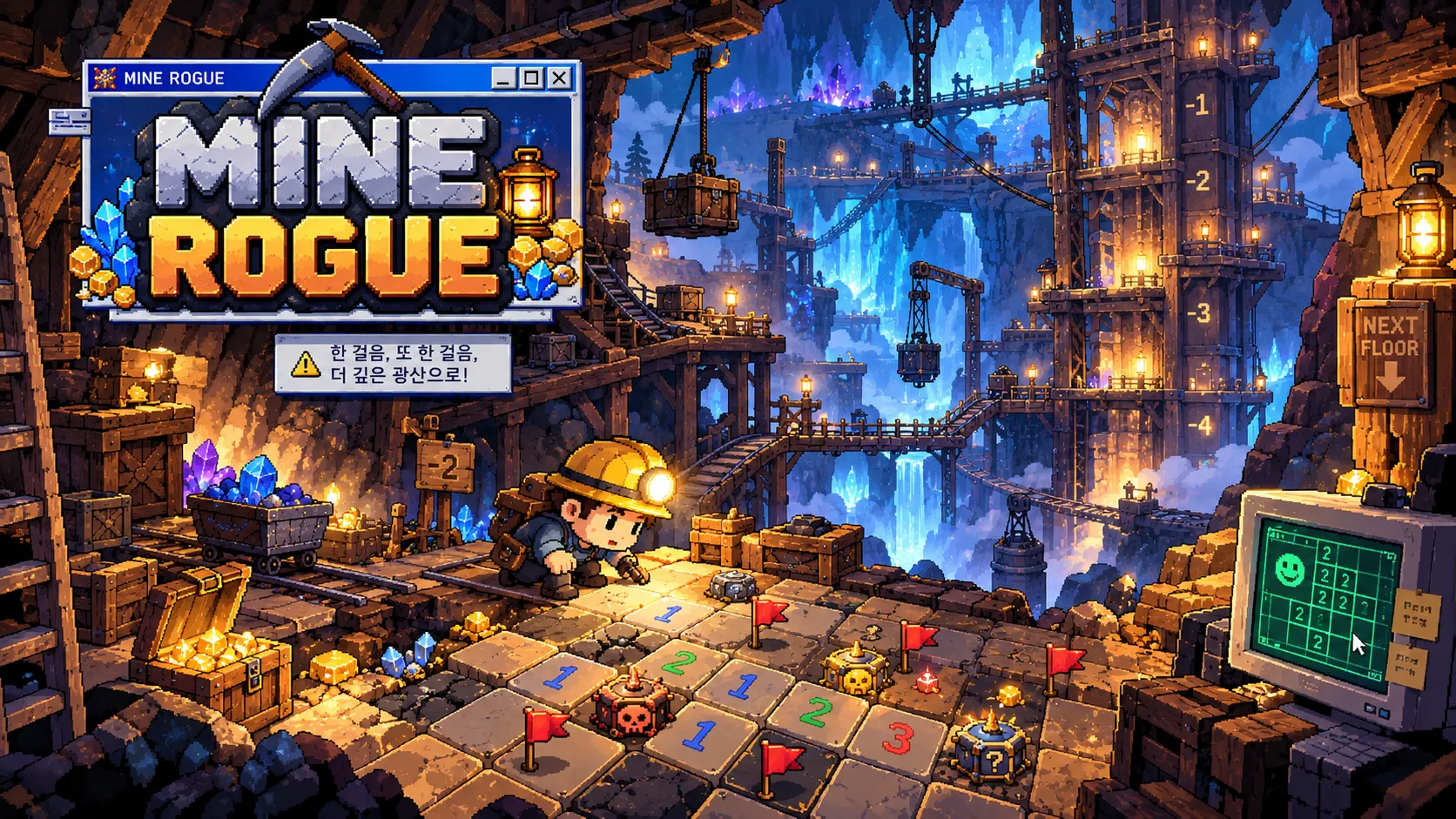 MINE ROGUE 로고와 '한 걸음, 또 한 걸음, 더 깊은 광산으로!' 문구가 들어간 픽셀 아트 광산 대표 이미지. 지뢰찾기 보드와 갱도가 배경에 그려져 있습니다.
