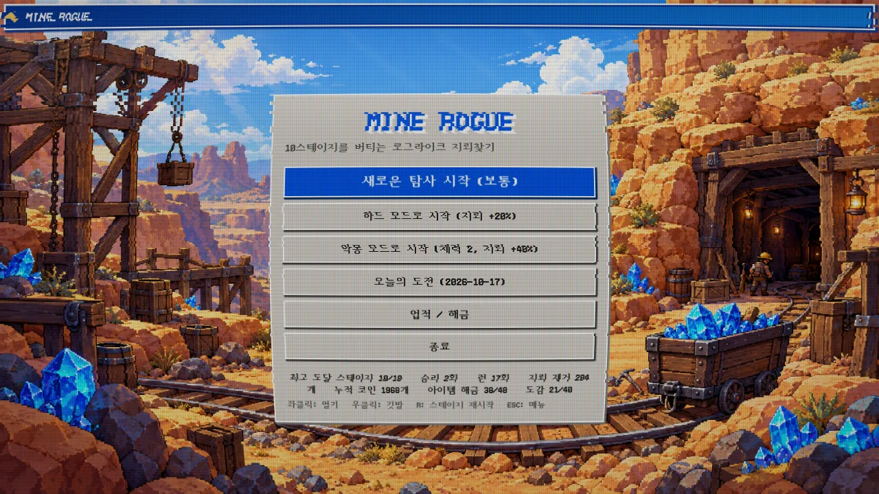 픽셀 아트 광산을 배경으로 한 메인 메뉴. 난이도별 탐사 시작 버튼과 업적·해금 메뉴, 최고 도달 스테이지와 승리 기록이 표시됩니다.