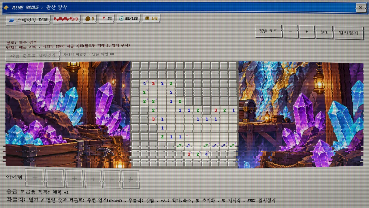 특수 경로 스테이지의 지뢰찾기 보드. 숫자 단서와 깃발이 놓여 있고 응급 보급품으로 체력이 1 회복되었다는 안내가 표시됩니다.