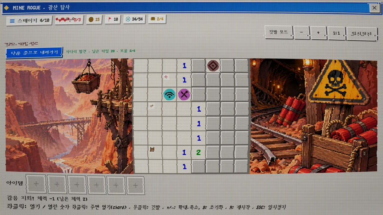 특수 지뢰를 밟은 직후의 탐사 화면. 보드에 지뢰가 드러나고 체력이 1 감소해 남은 체력 2가 표시됩니다.