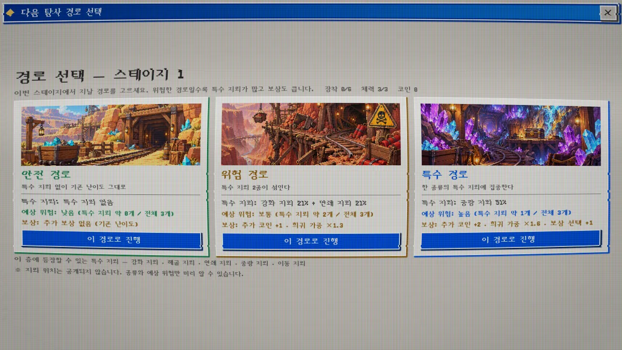 경로 선택 화면. 안전·위험·특수 경로 카드가 각각의 위험도와 보상과 함께 제시됩니다.